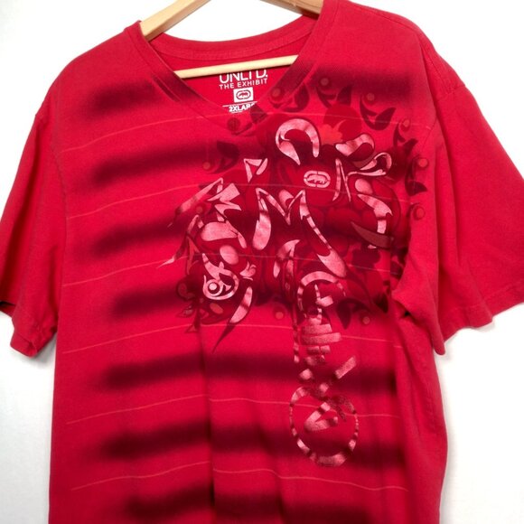 Ecko Unltd The Exhibit Shirt Men 2XL Red Stripe Y2K Foil Graphic Retro V Neck - Picture 1 of 13